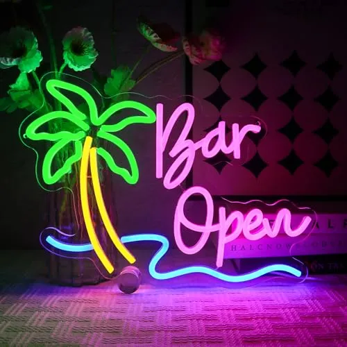 OYCGZV Bar Open Neon Schild Palme Led Neon Schild Wand Bier Bar Neon Sign Öffnen Led Schild für Bier Bar Kaffee Cafe Club Store Home Pub Mann Höhle Sommer Strand Party Business Dekorationen