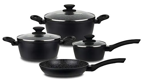 Linnuo Topfset 7tlg - Alu Kochtopf Set mit Glasdeckel und Pfanne - Topf- & Pfannensets, PFOA-frei mit ILAG ULTIMATE Antihaftbeschichtung für fettfreies Kochen, geeignet für alle Herdarten inklusive Induktion, ergonomische Griffe bleiben kühl.