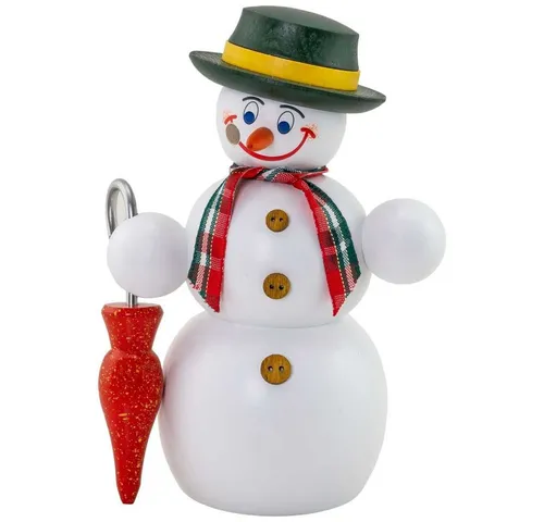 Seiffener Volkskunst Räuchermännchen Schneemann mit Schirm (15cm) - Räuchermännchen aus der 'Freundliche Schneemänner'-Serie, handgefertigt von der Seiffener Volkskunst Genossenschaft – ideal für eine gemütliche Winterdekoration.