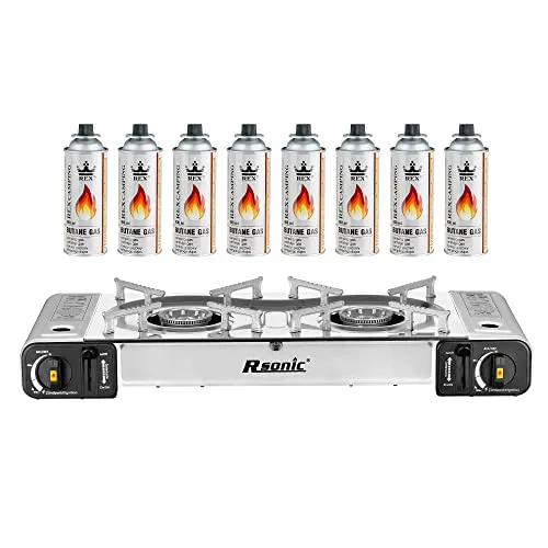 Mianova Campingkocher Doppel Gaskocher 2 flammiger Shisha Anzünder Grill Notfallkocher Kühltasche Gaskartuschen Gas Kocher Set Silber 8 Gasflaschen