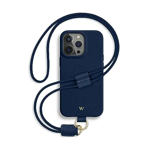 WIIUKA Hülle für iPhone 15 Pro Max, Leder aus Deutschland, Lederhülle Handykette, Premium Handyhülle, Case, Kette Band Umhängen, Blau Nachtblau