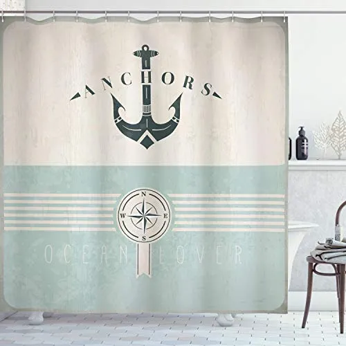 ABAKUHAUS Nautisch Duschvorhang, Vintage Marine Anker, mit 12 Ringe Set Stielvoll Modern Farbfest und Schimmel Resistent, 175x240 cm, Seafoam Beige Reseda Grün