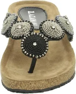 Lazamani Zehensteg Leder Sandalen - Wanderschuhe mit 4 cm Keilabsatz, elegant verziert mit Perlen und Strasssteinen für einen stilvollen Auftritt. Komfortables, atmungsaktives Fußbett für unbeschwertes Gehen in der Stadt oder am Strand.