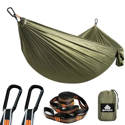 NATUREFUN Ultraleichte Reise Camping Hängematte | 300kg Tragkraft (275 x 140 cm) Atmungsaktiv, Schnelltrocknendes Fallschirm Nylon | 2 x Premium Karabiner,2 x Schlingen| Drinnen Draußen Garten