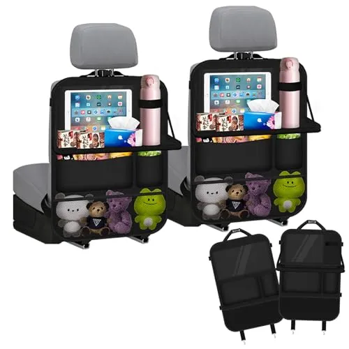 Behiruch Multifunktional Autositz Organizer, 2 Stück Auto Organizer Kinder mit Klapptisch, Wasserdichter Rückenlehnenschutz mit Tablet/Telefon Aufbewahrung für die meisten Fahrzeuge (Schwarz)