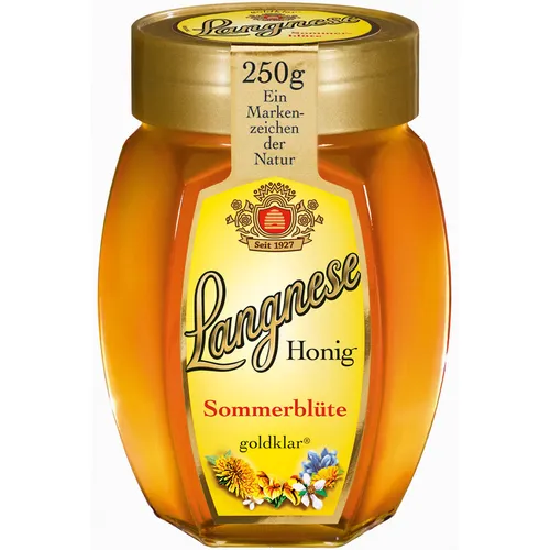 Langnese Honig Sommerblüten 250g - Brotaufstrich mit goldklarem, süßem Honig, ideal für Frühstück und Desserts – natürlich lecker und vielseitig einsetzbar.