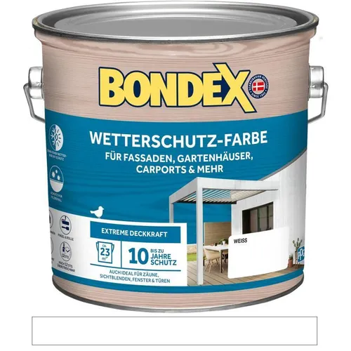 BONDEX Wetterschutz-Farbe, Außen, Hochdeckend, Witterungsbeständig, Weiß, 2,50 l - Farben & Lacke, hochdeckend und witterungsbeständig für bis zu 10 Jahre Schutz von Holz im Außenbereich. Ideal gegen Pilz- und Algenbefall, mit schneller Trocknung und einfach zu verarbeiten.