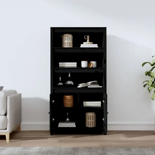 vidaXL Highboard Schwarz aus Kiefernholz 80x35x154 cm - Kommode aus massivem Kiefernholz mit rustikaler Optik, bietet viel Stauraum durch 3 offene Fächer und 2 Türen. Ideal zur Organisation und Dekoration deines Wohnraums.
