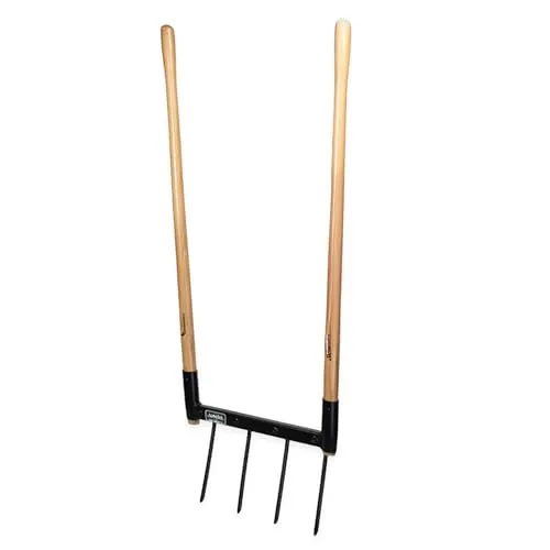 De Woeler DW4 Broadfork – Grabegabel mit 4 Edelstahlzinken (34 cm), ergonomischer FSC-Holzgriff, zur Bodenbelüftung & Beetpflege, Robustes Gartengerät für lockeren Boden