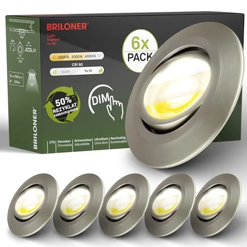 BRILONER - 6er Set LED Einbaustrahler 230V Gehäuse 50% recycelt, Dimmbar, Schwenkbar, Ra90, Farbtemperaturwechsel, LED Spot, flach, Deckenspots, Einbauleuchten, 90x24mm (DxH), Matt-Nickel