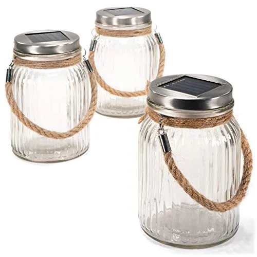 Solarglas 3er Set mit je 3 LED Solar warmweiß mit Aufhänger Einmachglas Gartenbeleuchtung Ø 11cm, Höhe 15,5 cm Party Garten Licht für Außen mit Solarpanel Sonnen Energie Beleuchtung