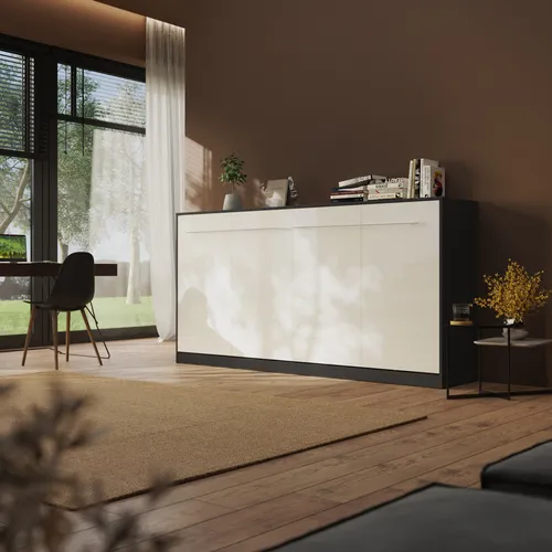 Schrankbett Standard 90x200 cm Horizontal Anthrazit/ Weiß Hochglanzfront mit Gasdruckfedern