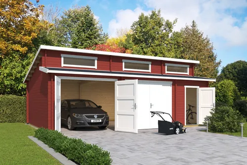 Garage Stufendach 44 mm Hawaii mit Holztor rot 820x520 cm - Robuste Holzgarage mit abschließbarem Holztor, ideal für die sichere Aufbewahrung von Geräten, 39.4 m² Nutzfläche und 5 Jahre Herstellergarantie.