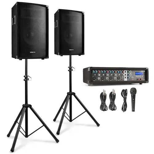 Vonyx VX210 DJ Anlage für Anfänger, Musikanlage mit 2 Lautsprecher Boxen, 2X Boxenstativ, Audio Mischpult, 2X Mikrofon, DJ Set Komplett für Beginner, Beschallungsanlage, Party Gig, Hochzeiten