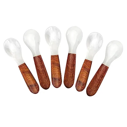 DUEBEL Set mit 6 Kaviarlöffeln mit Holzgriff, 10,2 cm Perlmuttlöffel für Kaviar-Servieren, Eier-Servieren, Catering-Deroration