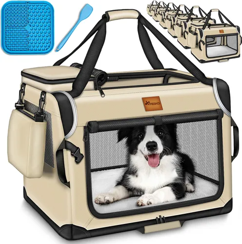 TRESKO® Hundebox faltbar Beige (S 50x34x34cm) inkl. Leckmatte, Spatel & Reflektoren | Transportbox für Hunde und Katzen | Hundetransportbox für kleine & große Hunde | Hundetasche robust
