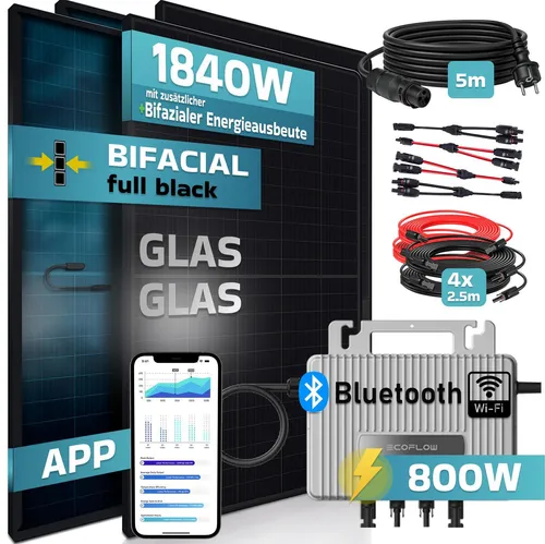 SUNNIVA® Balkonkraftwerk FULL BLACK BIFACIAL GLAS GLAS 2392W/800W - Premium Solaranlage mit 800W Ecoflow Stream Wechselrichter, 4x460W bifazialen Solarmodulen und Wifi/Bluetooth, ideal für nachhaltige Energiegewinnung.