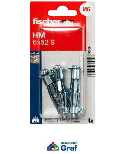 fischer Hohlraum-Metalldübel Spreizdübel HM 6x52 S mit Schraube, 4 St. #83400012
