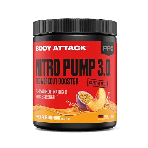 Body Attack Pre Workout Booster Nitro Pump 3.0 Peach Passion 400g - Aminosäure Kreatin: Koffeinfreier Trainingsbooster mit starker Pump-Matrix für mehr Muskel-Volumen und Fokus, ideal für intensives Training.
