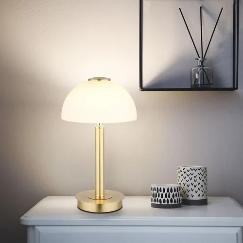 Elegante LED Tischleuchte mit Touchdimmer - Tischleuchte aus opalem Glas und messingfarbenem Metall, stufenlos dimmbar für eine angenehme Lichtatmosphäre, ideal für Schlafzimmer oder Wohnzimmer.