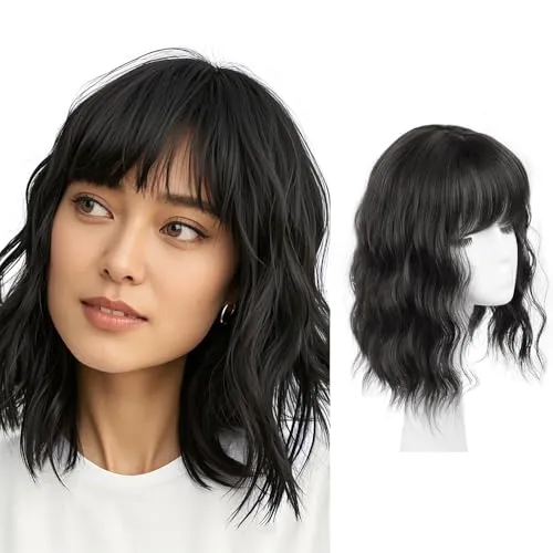 FDEETY Perücke Damen 12 Zoll Kurzhaar Wellen und Locken Clip In Haarteil Pony Haarteil Aus Synthetischem Kunsthaar Ideal für Alltag und Karneval Kurzhaarschnitt Perrücke Frauen （Schwarz）