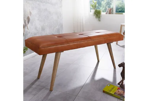 FINEBUY Hockerbank FB49198 - Elegante Sitzbank aus Echtleder und Massivholz - Hocker - Stilvoll und nachhaltig, mit einer Sitzfläche aus geschmeidigem Ziegenleder und robusten Mangoholzbeinen für ein unvergleichliches Sitzgefühl.