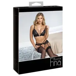 Dessous-Set mit Bralette und Straps-String ouvert aus Spitze mit Samtdetails – Abierta Fina