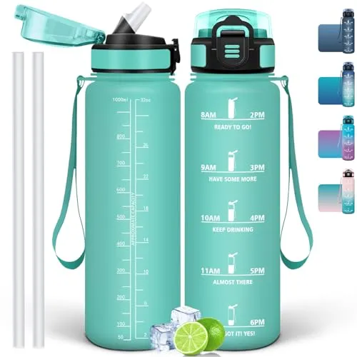 Mulbijeo Trinkflasche 1000 ml, Auslaufsicher, Wasserflasche BPA-Frei, Motivierende mit Zeitmarkierung, Trinkflasche mit Strohhalm Smaragdgrün