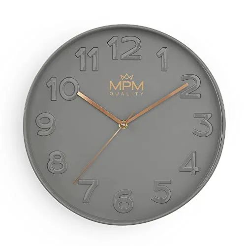 MPM Quality Design Wanduhr, Grau, Modern Kunststoff Uhr, Glas, Quarz-Uhrwerk Sweep, 305x305x42 mm, für Wohnzimmer, Schlafzimmer, Küche, Büro und in jeden Raum