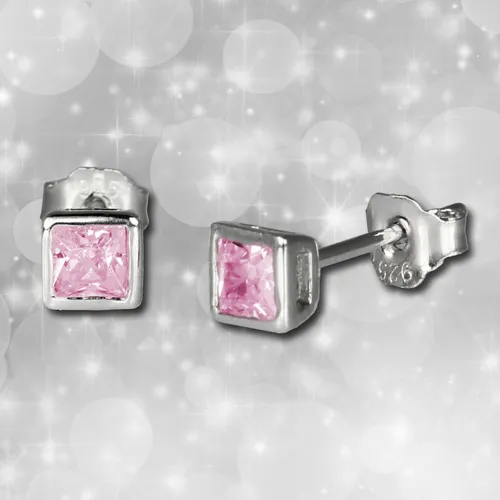 Ohrringe für Damen 4mm Ohrstecker 925 Silber Quadrat Zirkonia rosa SDO704A