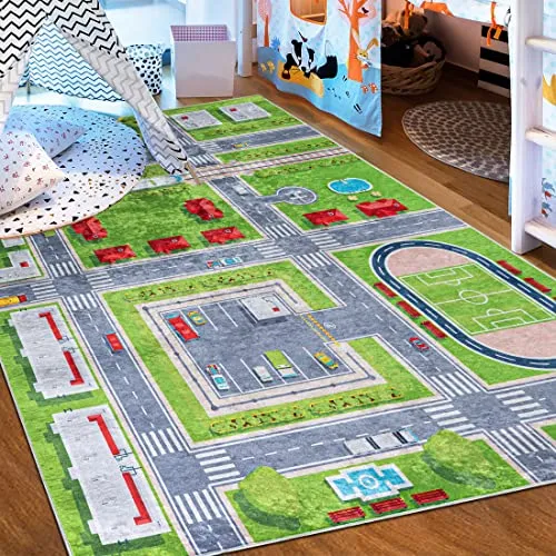 Mazovia Kinderzimmerteppich Antirutsch - Waschbar, Rutschfest & ÖKO-TEX - Grün 120 x 170 cm - Der Waschbare Kinderzimmerteppich mit rutschfester Unterseite bietet Sicherheit und Komfort beim Spielen. Ideal für Kinderzimmer oder Wohnzimmer, sorgt er mit fröhlichen Mustern für eine angenehme Atmosphäre.