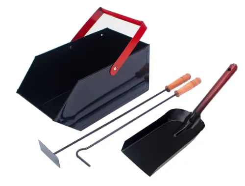 BAUSTER® Kaminbesteck Set Mit Schürhaken, Aschekratzer, Kehrschaufel und Kohlenkasten/Aschebehälter Kamingarnitur Werkzeug Besteck Holzgriff Kaminofen Schwarz Kaminzubehör Stocheisen