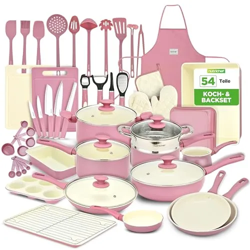 NutriChef Topfset & Pfannenset – 54-teiliges Antihaft-Kochgeschirr Blush Pink | Inkl. Küchenutensilien, Backblech, Messer | Für Induktion, Gas & Elektro | Gesund & fettfrei kochen