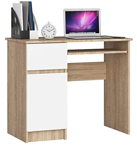 AKORD Piksel Schreibtisch Klein mit Schubladen | Computertisch | Bürotisch mit Tastaturablage | Schublade und Fach mit Tür | Holz Deko | B90 x H77 x T50 cm 30 kg | Schrank Links | Sonoma-Eiche/Weiß