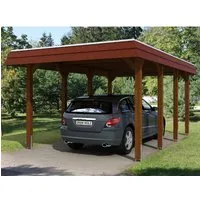 Einzelcarport SKAN HOLZ Spreewald mit roter Blende - Gartenhäuser, Geräteschuppen & Carports - Flachdach Carport aus hochwertigem Holz mit Pfostenanker und wetterfester EPDM Folie für optimalen Schutz.
