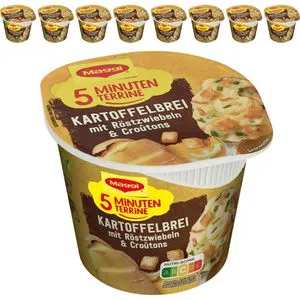 Maggi 5-Minuten-Terrine 8er Pack, Kartoffelbrei mit Röstzwiebeln und Croutons