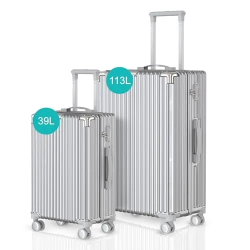 Voyagoux Kofferset 2 teilig - 39L & 113L, Hartschalenkoffer Set, TSA-Schloss, ABS, 4X 360° Rollen, Robust und Leichtgewicht Suitcase, Silber