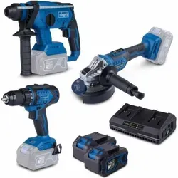 Scheppach Akku-Maschinen-Set BPS100 - 20V | 3tlg. Set mit 2x 4Ah Akkus - Akkuschrauber, Winkelschleifer und Bohrhammer im Set – leistungsstark, bürstenloser Motor für lange Laufzeit und hohe Effizienz. Inklusive 2x 4Ah Akkus und Doppelladegerät für kabelloses Arbeiten.