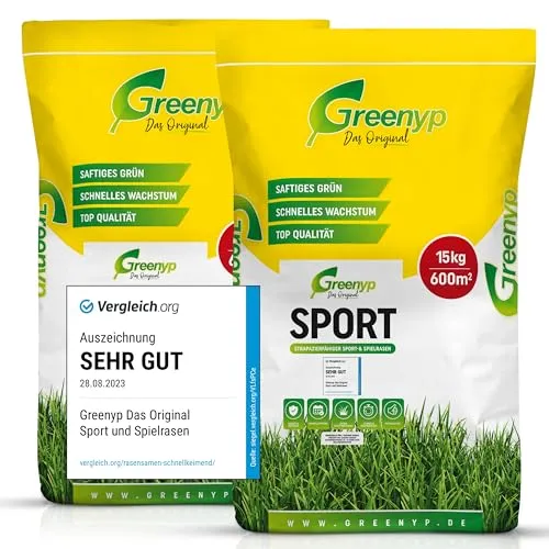 Greenyp® Sport I strapazierfähiger Sport-& Spielrasen I 30kg für 1200m² I Sportrasen Grassamen Rasensamen Rasensaat Gras Nachsaat schnellkeimend [SET]