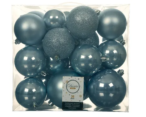 Kaemingk Weihnachtsbaumkugel, Weihnachtskugeln Kunststoff 6-10cm Mix 26er Set - Nebelblau