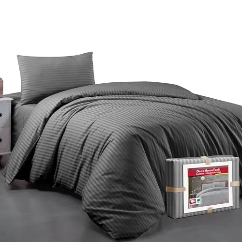 DecoHomeTextil Bettwäsche Set Bettgarnitur mit Reißverschluss Polycotton Streifen Grau Anthrazit 1x Bettbezug 135 x 200 cm + 1x Kissenbezug 80 x 80 cm