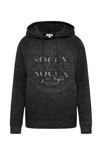 SOCCX Damen Hoodie aus Flauschstrick mit Glitzer-Print Black Melange, L