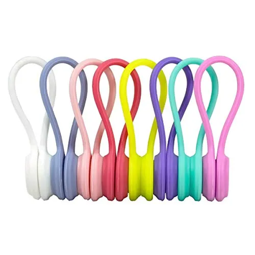 Kabelbinder Wiederverwendbare, 8 Pcs Silikon Kabelclips mit Starkem Magnet, Magnetische Kabelklemmen zum Kopfhörer USB Kabel oder Ladekabel Aufwickeln Bündeln und Organisieren, Mehrfarbig