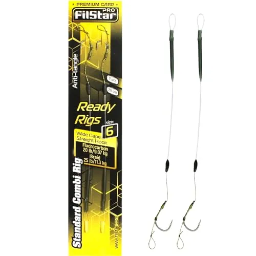 PRO FILSTAR Karpfenangeln Combi Rig Wide Gape Angelhaken N6, Fluorocarbon Vorfach 20cm, Аnti Тangle Sleeve, Flechtschnur - Pop Up Angel Köder - Boilies Haar Rig - Karpfen Angeln Zubehör - Carp Fishing