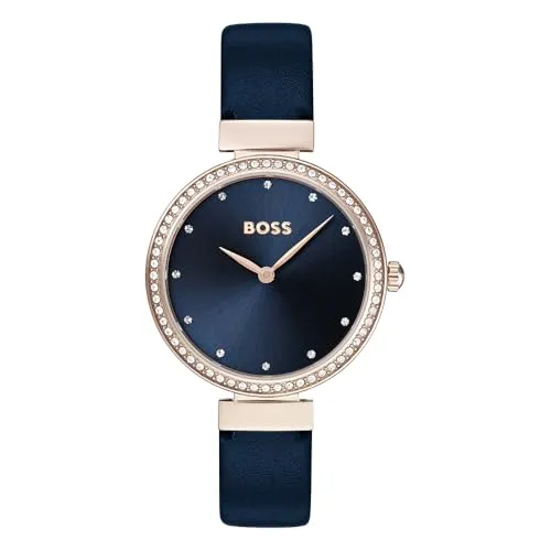 BOSS CELEBRATION Damen Armbanduhr - Quarzuhr in Blau - Elegante Damenuhr aus Edelstahl mit blauem Ziffernblatt und Rindslederarmband. Wasserdicht bis 3 ATM, perfekt für jeden Anlass.