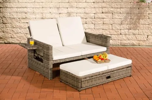 CLP Polyrattan 2er-Loungesofa Ancona - Garten-Sofa mit verstellbarer Rückenlehne - Gartenmöbel mit hohem Sitzkomfort und praktischem ausziehbarem Fußteil für Stauraum. UV-beständig und pflegeleicht, ideal für entspannte Stunden im Freien.