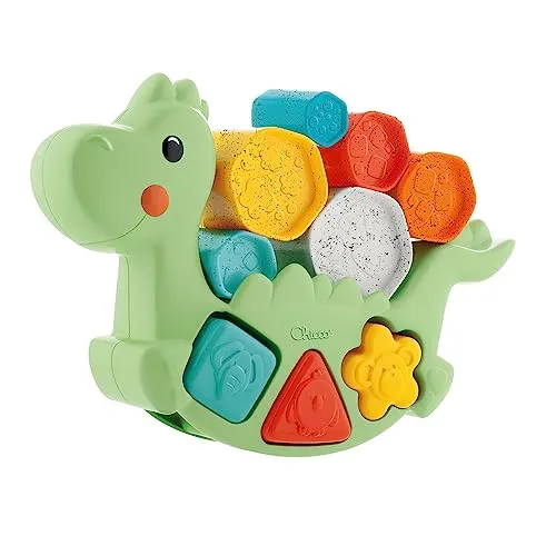 Chicco 2in1 Rocking-Dino, Stapel- und Steckspielzeug, Dinosaurier mit 6 Zylindern, 3 Formen und 3 Aktivitäten, aus recyceltem Kunststoff, hergestellt in Italien, Lernspielzeug 1 Jahr – 4 Jahre