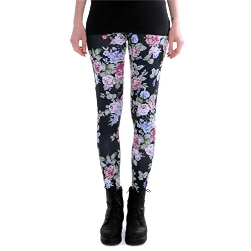 cosey - Bedruckte Bunte Leggins (Einheitsgröße) Verschiedene Leggings Designs, Rosen Schwarz, Einheitsgröße