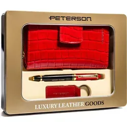 Peterson | Hochwertiges Geschenkset, mit modischem Portemonnaie, mit Krokodilledermuster, Rot, 9.5x16.5 cm - Rot