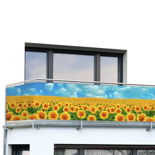 Maximex Balkon-Sichtschutz Mod. Sonnenblumenfeld, 5m - Blickdichte Balkonverkleidung mit Sonnenblumen-Motiv, ideal für den ganzjährigen Einsatz. UV- und wetterbeständig, robust und zuschneidbar für optimalen Sichtschutz auf Balkon oder Terrasse.
